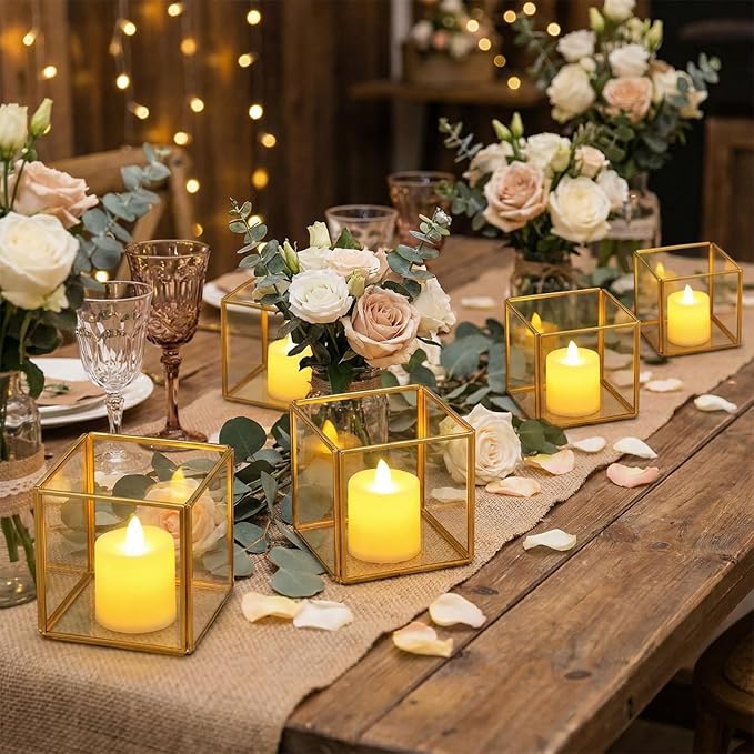 Sliner 6 Set Gold Votive Candle Holders Centerpieces 3.15 x 3.15 Inch Glass Hurricane Wedding Table Decor Gold Terrarium Geometric Lanterns Tealight Candle Holders for Vintage Wedding Table Decoration