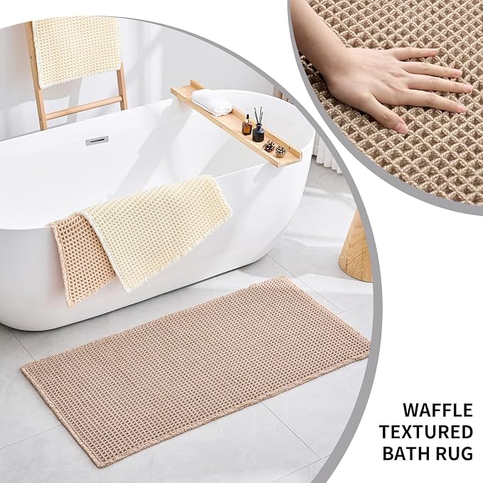 Disolla Waffle Bath Mat, Non Slip Absorbent Small Bathroom Rug, Machine Washable Quick Dry Ultra Soft Bathroom Floor Mat, Brown/White Bath Rug for Tub Shower, 20''x32''