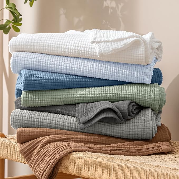 PHF 100% Cotton Muslin Throw XL Blanket Large 50" x 70", 4-Layer Lightweight Gauze Throw, Breathable Cloud-Soft Minimalist Blanket for Bed, Couch, Camping, White, Ideal Gift