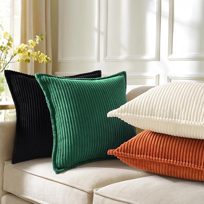 decorUhome Summer Corduroy Green Throw Pillow Covers 12x20 Set of 2 Decorative Soft Boho Farmhouse Lumbar Couch Pillow Covers for Living Room Bed Sofa Broadside Striped Pillow Cases