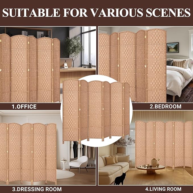 HALLYBEE Room Divider, Room Dividers and Folding Privacy Screens, 16in Privacy Screen, 6 Panel Temporary Wall Partitions, 6ft Space Separation Panel Screen, Natural