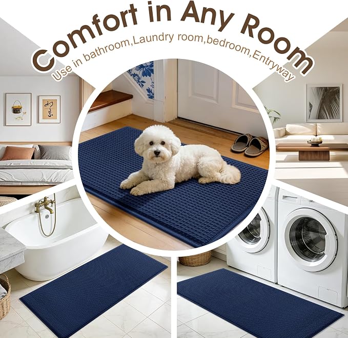 Memory Foam Bath Mat, Ultra Soft Absorbent Waffle Bathroom Rugs, Super Non-Slip PVC Backing Bath Rug Quick Dry, Machine Washable Rug for Tub, Shower, Home Decor Accessory, 60" x 24", Navy Blue