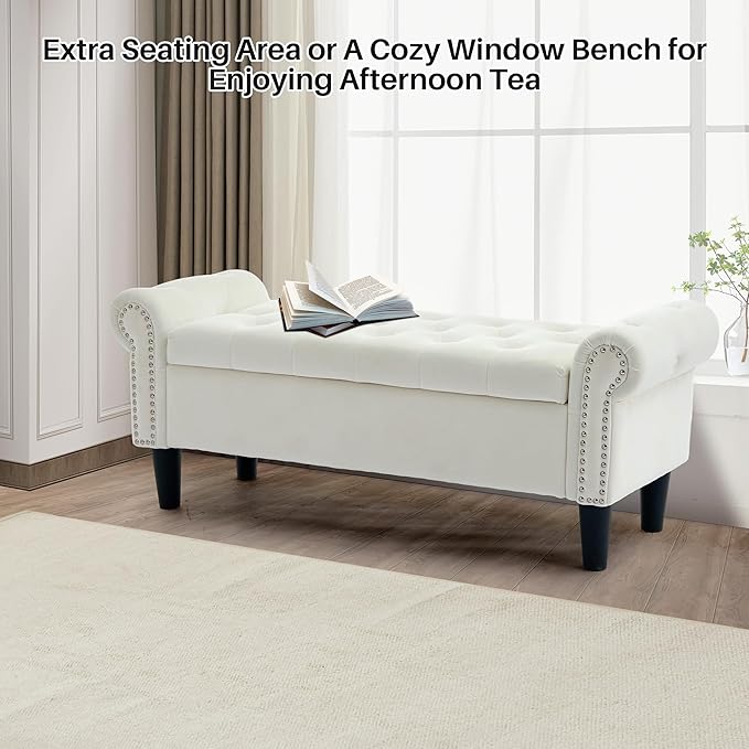 SOFTHION Storage Bench, 50" Queen End of Bed Bench, Velvet Tufted Button Upholstered Bedroom Bench, Storage Ottoman with Rolled Arms, Window Bench with Storage, for Living Room, Entryway Beige