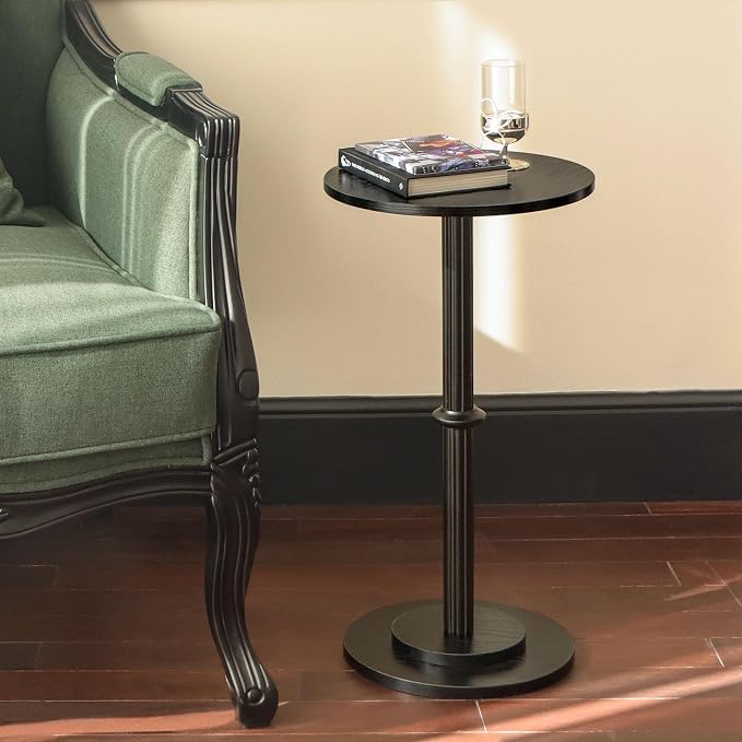 MaxSmeo Drink Table, Small Side Table for Small Spaces, Modern Round End Table with Fluted Wood Leg, Black