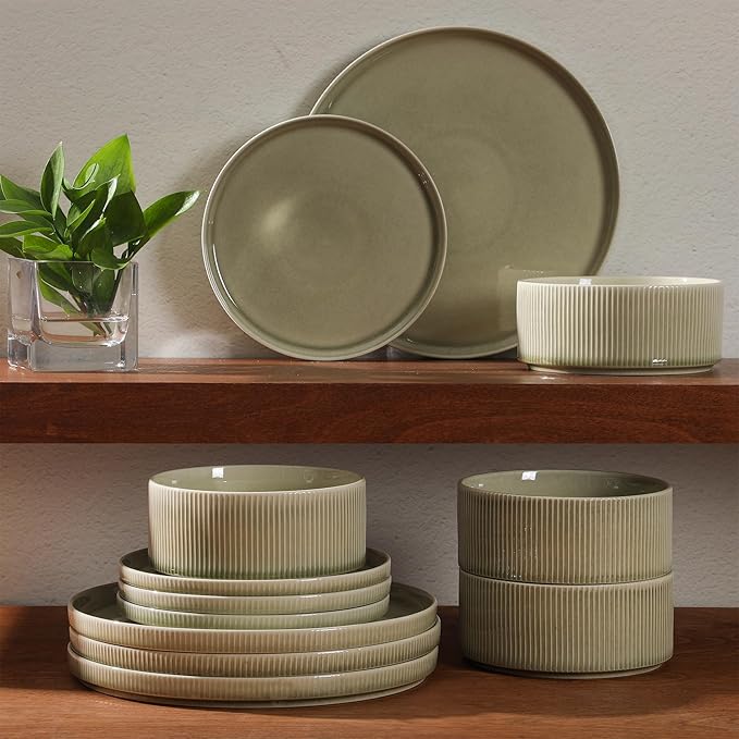 Gibson Elite Solana Coast 12 Piece Stoneware Reactive Glaze (Service for 4) Ceramic Plates and Bowls Modern Shape Embossed Dinnerware Set - Green