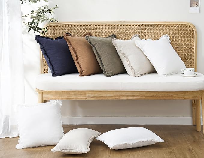 Foindtower Set of 2 Decorative Linen Fringe Throw Pillow Covers Cozy Boho Farmhouse Cushion Cover with Tassels Soft Accent Pillowcase for Couch Sofa Bed Living Room Home Decor, 16×16 Inch, Khaki Brown