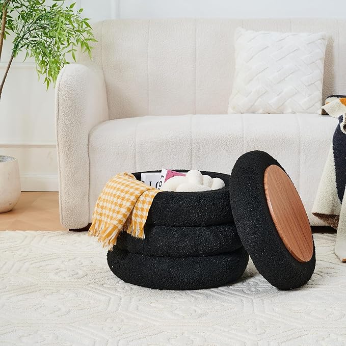 Wimarsbon Round Storage Ottoman, Modern Sherpa Footstool, Teddy Vanity Stool with Flip-Top Tray, Makeup Chair for Home Decor, Upholstered Footrest for Living Room & Bedroom (Black)