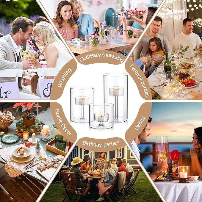 3 Set Hurricane Glass Candle Holders Pillar Votive Hand Blown Clear Cylinder Vase Modern Rustic Table Centerpieces Bulk 3 Sizes (2.8''/4.3''/6'' H)