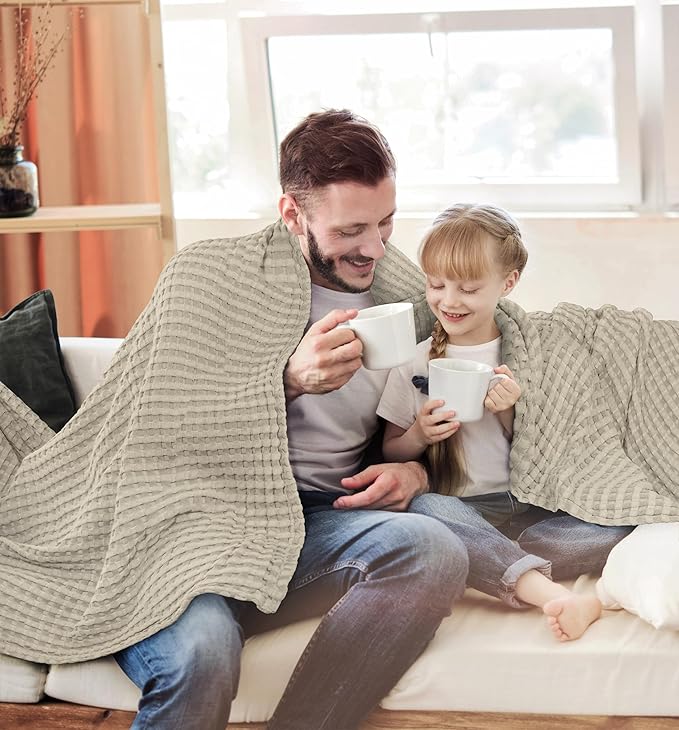 Utopia Bedding 100% Cotton Waffle Weave Blanket Throw Size for Couch Sofa - Lightweight, Breathable Summer Blankets Soft and Cozy, Gifts for Women Home Room Decor (Khaki, 56x60 Inch)