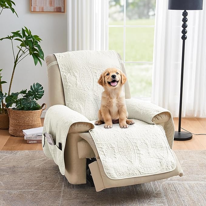 Quilted Recliner Chair Covers, Water-Repellent Slipcovers, Off White Recliner Covers Stay in Place, Pet Friendly ReclinerCover for Dogs, Washable Chair Covers (Recliner 22", Ivory White)