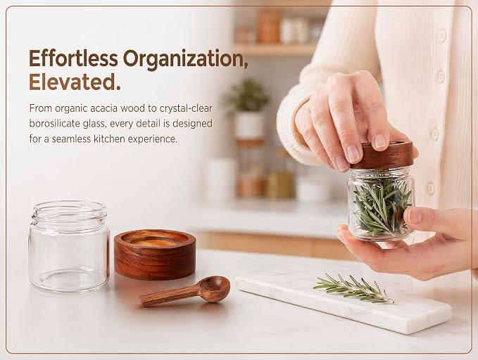 6-Pack 8 fl oz Stackable Glass Jars with Acacia Wood Lids & Spoons, Airtight Food Storage Containers with Labels for Overnight Oats, Spices, Yogurt, Chia Seed Pudding, Kitchen Organization