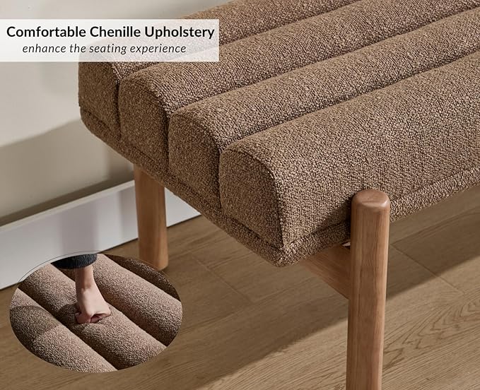 EALSON 47 Inch Entryway Bench Fabric Upholstered End of Bed Bench Modern Bedroom Bench with Cylindrical Cushion and Solid Wood Frame Comfy Chenille Long Ottoman Bench for Bedroom Living Room, Brown