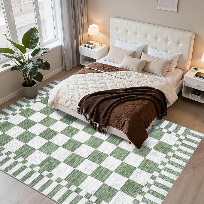 GarveeHome Sage Green Checkered Rug 5×7 Area Rugs for Living Room,Non-Slip Washable Rug Soft Low-Pile, Modern Farmhouse Geometric Rugs for Bedroom Dining Room