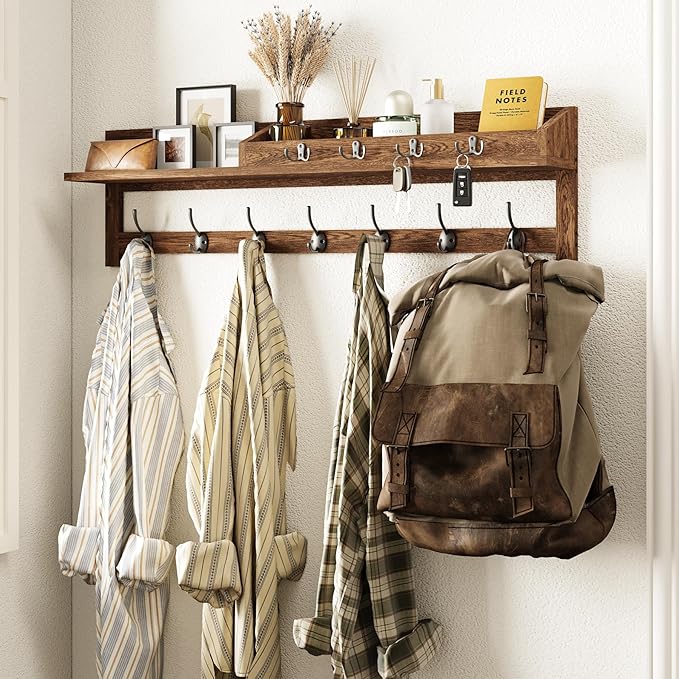 AMBIRD Coat Rack Wall Mount, 35 inch Large Wall Hooks with Shelf, Entryway Shelf with 7 Dual Coat Hooks 4 Key Hooks Mail Organizer, Wooden Coat Hanger and Key Holder Wall Mount