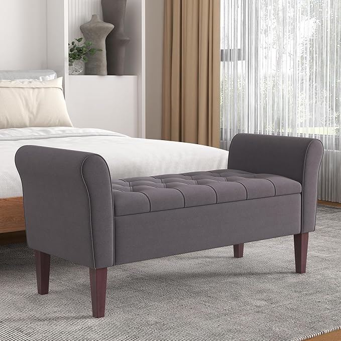 HUIMO 48" Storage Bench, Arm Storage Ottoman with 7.5-inch Solid Wood Legs, End of Bed Bench Indoor, Upholstered Window Sitting Bench for Bedroom, Livingroom, Entryway (Gray)