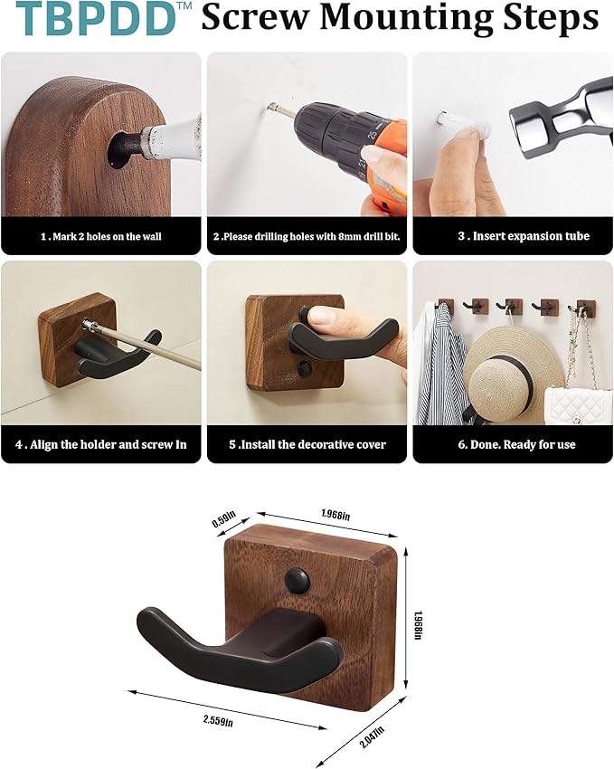 3 Pack Matte Black Wall Coat Hook Rack, Modern Coat Hooks Black Walnut Wood Black Metal Decorative Backpack Hanger Wall Mounted for Hanging Coats, Hats, Bags