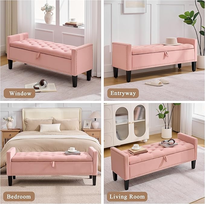 51" Storage Ottoman Bench, Velvet Large End of Bed Bench with Arms, Modern Storage Bench for Living Room, Bedroom, Entryway, Window, Holds up to 500 lb