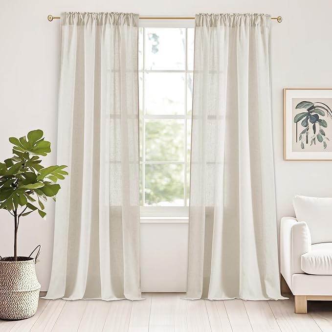 StangH Natural Linen Semi Sheer Curtains 84 inches Long, Breathable Light Airy Bedroom Drapes with Back Tab Country Farmhouse Decor for Living Room Sliding Door, Cream, W55 x L84, 2 Panels