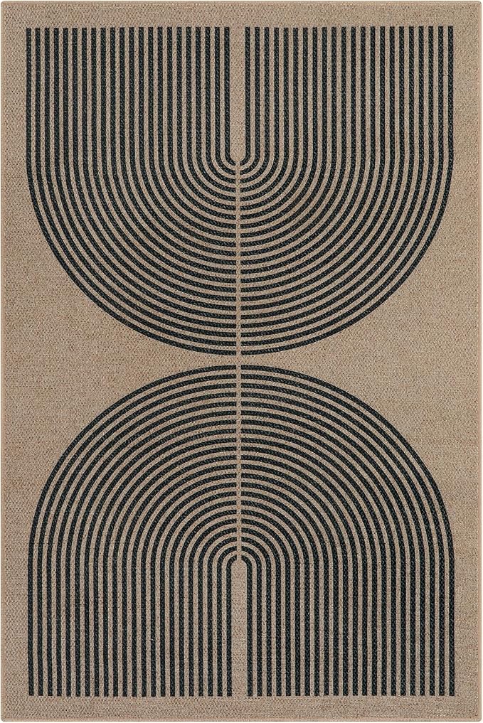 Lahome Enfys Modern Rainbow Easy Jute Office Rug, Outdoor Patio Rug 4x6 for Living Room Washable Carpet for Bedroom, Farmhouse Contemporary Non Slip Non Shedding Black Carpet for Backyard
