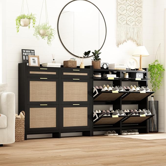 Shoe Organizer Cabinet Storage for Entryway - Slim Rattan Shoe Rack for Front Door Entrance, Narrow Hidden Shoe Cabinet with Flip Drawers, Boho Shoe Holder Cabinet, Black