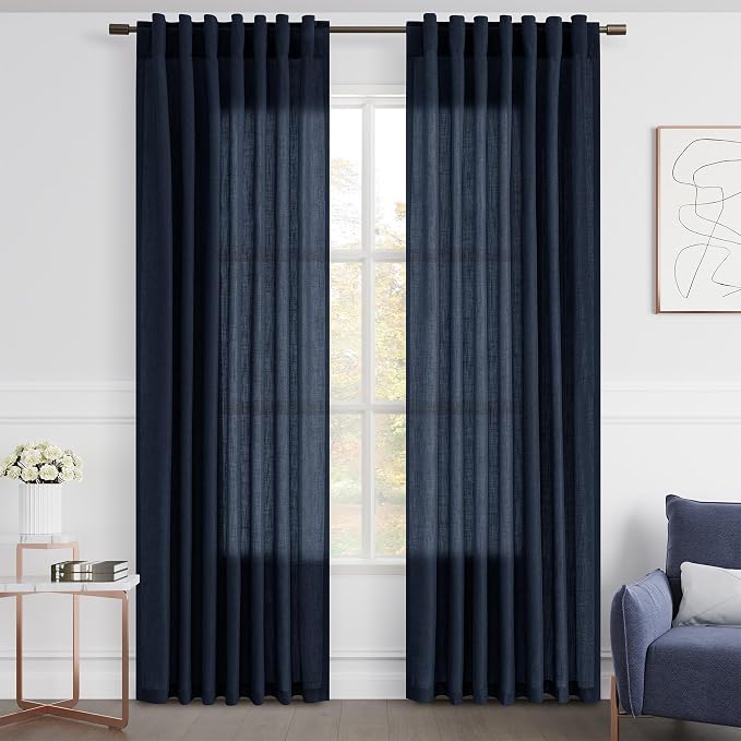 Joywell Short Linen Curtains 63 Inches Length Long Rod Pocket/Back Tab/Hook Belt/Clip Rings Semi Sheer Window Curtains Boho Farmhouse Drapes for Bedroom Living Room 2 Panels Set,52x63,Navy Blue