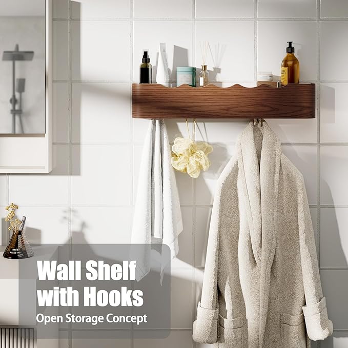 Coat Rack Wall Mount with Shelf 8 Hidden Hooks Modern Wooden Key Holder Entryway Organizer for Hallway Bedroom Bathroom Home Decor Storage for Hanging Coats Hats Bags Towels, Wave-Shape Walnut