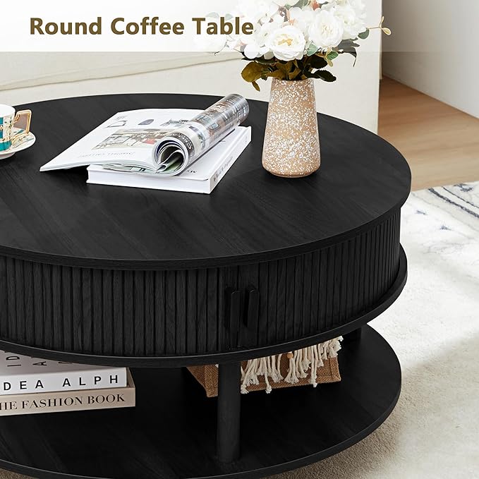 XUZENEST 31.5” Round Coffee Table with Storage, Mid Century Modern 2 Tier Coffee Table with Tambour Sliding Door, Solid Wood Legs Fluted Center Table for Living Room Home Office Small Space, Black