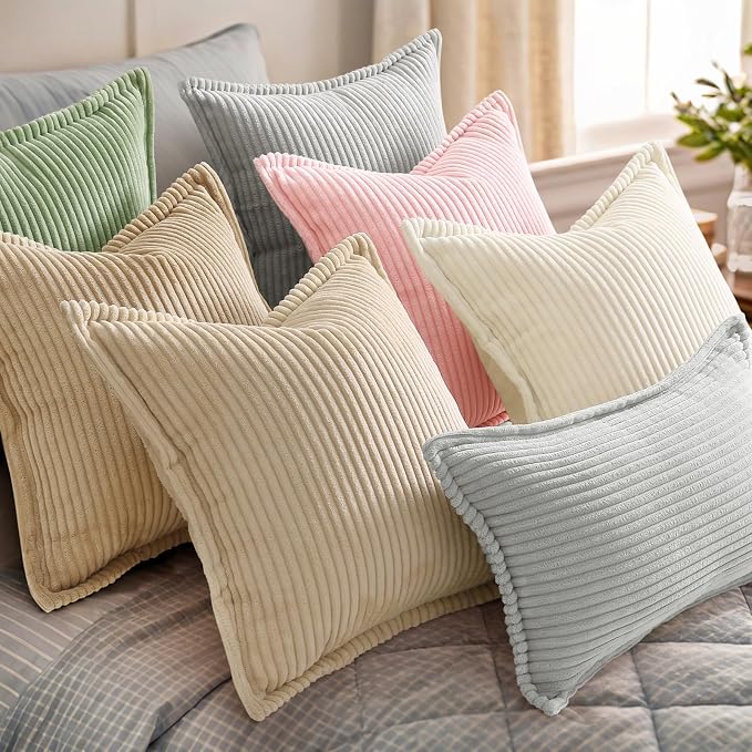 decorUhome Summer Corduroy Pink Euro Sham Throw Pillow Covers 24x24 Set of 2 Decorative Soft Boho Farmhouse Couch Pillow Covers for Living Room Bed Sofa Broadside Striped Pillow Cases