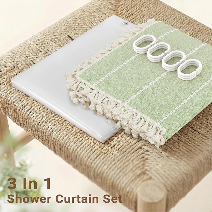 BTTN 3 in 1 Shower Curtain with Liner, 80 Inch Long Boho Linen Striped Cloth Shower Curtain Set with Hook, Tall Rustic Farmhouse Bohemian Waterproof Fabric Curtain for Bathroom, Sage Green, 72x80