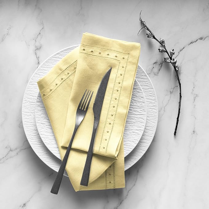 Linen Napkins 18 x 18 inch - 100% Flax Linen Yellow Dinner Napkins with Embroidered Dot 18 x 18 inch - Hemstitch Cloth Napkins Washable for Easter and Spring Decor