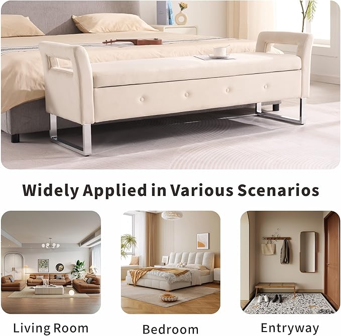 Chifee & Vingol Storage Bench with Armrests, 67.91 Inch Velvet End of Bed Bench Upholstered Storage Ottoman for Bedroom, Livingroom, Entryway - Beige