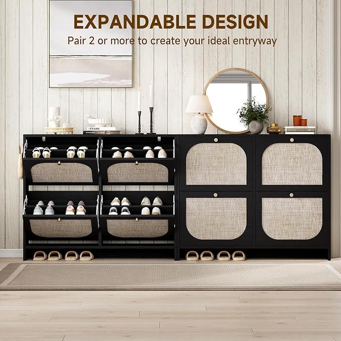 Nicetree Rattan Vintage Flip Shoe Cabinet for Entryway - Black 3-Tier Slim Shoe Storage Cabinet with Metal Handles - Boho Entryway Shoe Organizer for 28-36 Pairs - Fits Size 12 Boots, 9.5" Ultra Slim