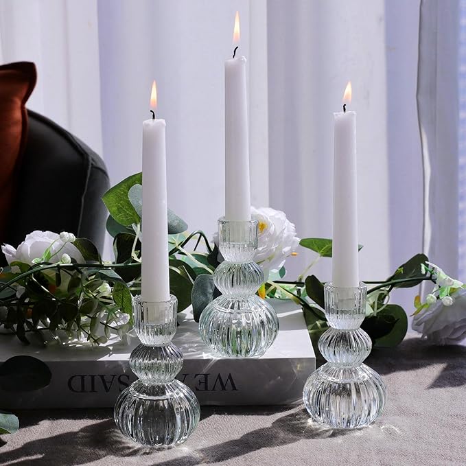 Woho Clear Taper Candle Holders 4.3" H Set of 3 for Wedding Table, Ribbed Glass Candlestick Holders for Daily Home Decor, Vintage Candle Sticks Holder Decor for Thanksgiving Christmas
