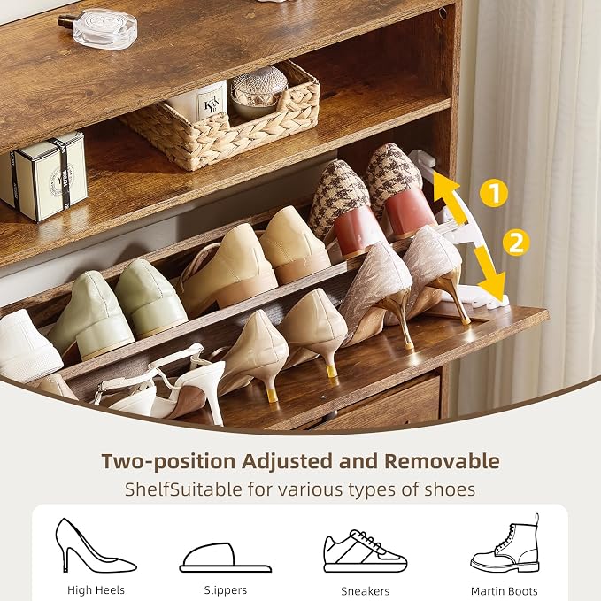 Joaxswe Shoe Cabinet Storage for Entryway with 2 Flip Drawers 2 Hook Open Storage Layer Rack Narrow Organizer Slim Hidden Wood Shoe Cabinet Furniture Rustic Brown