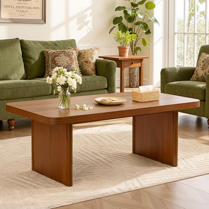 BECHAEO Modern Coffee Table, Solid Pine Wood, 47" Rectangle Center Table for Living Room, Real Wood Legs & Sturdy Base, Minimalist Rustic Coffee Table