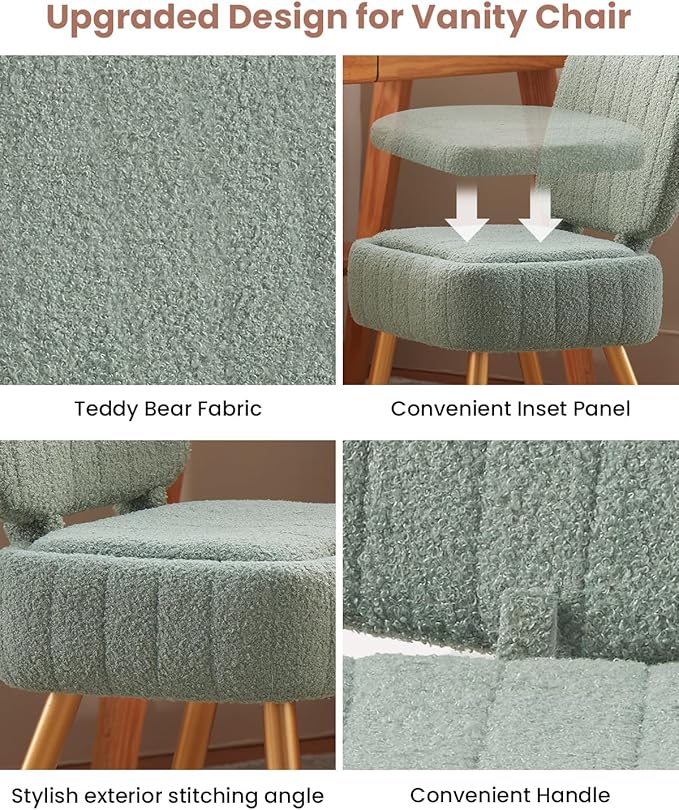 Updated Vanity Chair, Storage Ottoman with Folding Back & Gold-Toned Metal Legs, Ottoman Seat with Teddy Velvet for Dressing Room Living Room Bedroom, 16" x 12.5" Inch