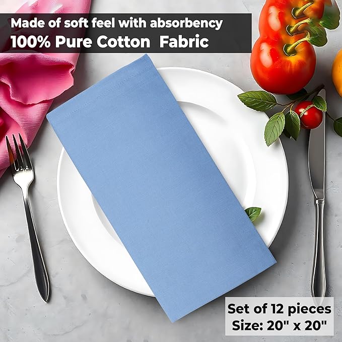 Urban Villa Cloth Napkins 100% Cotton Highly Absorbent Washable Durable Reusable Premium Dinner Napkins Ideal for Gifts for Mothers Day Hotel Farmhouse Parties - Ice Blue (20" x 20", Set of 12)