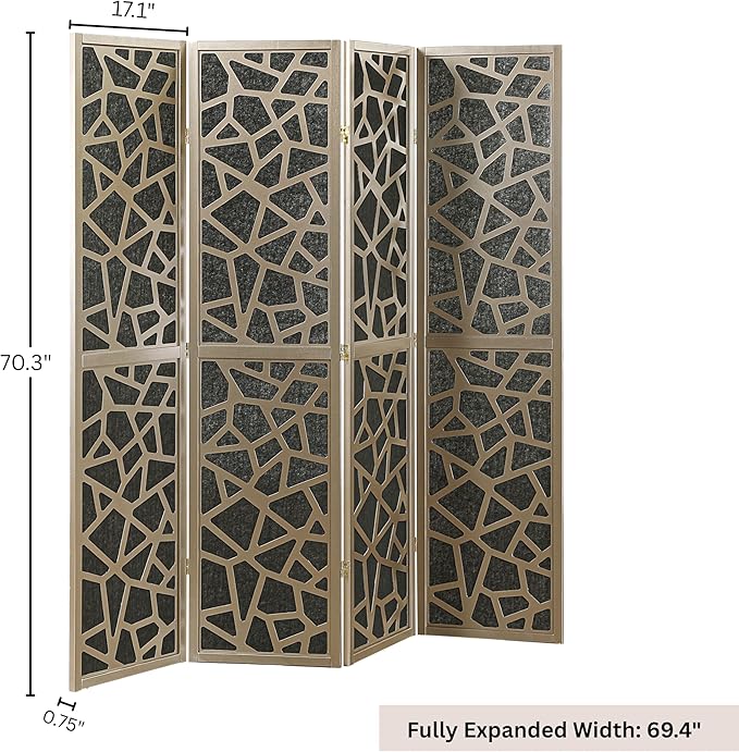 Roundhill Furniture Aurra 4-Panel Wood Room Divider, Folding Portable Partition Screen, Black Screen with Gold Frame