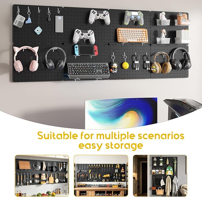 Peg Board for Tools, 8 Pack Metal Pegboard Wall Organizer with Hooks,16"×12" Black Pegboard Panels for Walls Home, Garage Tool Storage, Kitchen, Office Organization, Craft Room
