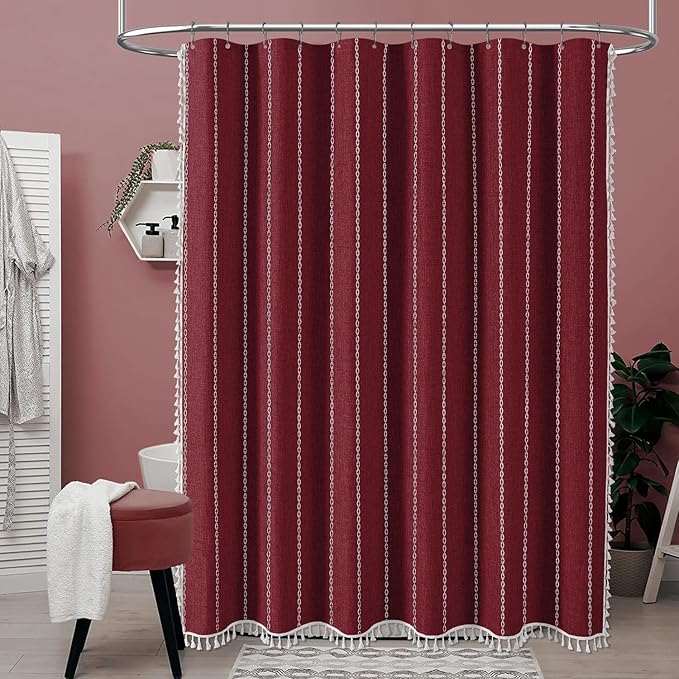 BTTN 78 Inch Long Shower Curtain - Boho Farmhouse Linen Thick Striped Fabric Shower Curtain Set with 12 Plastic Hooks, Tall Rustic Country Luxury Cloth Shower Curtains for Bathroom - Burgundy - 72x78