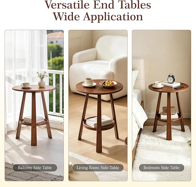 Bamboo Round End Table with Storage Shelf, 2-Tier Mid-Century Modern Accent Table, Small Space Side Table Nightstand for Living Room Bedroom Sofa