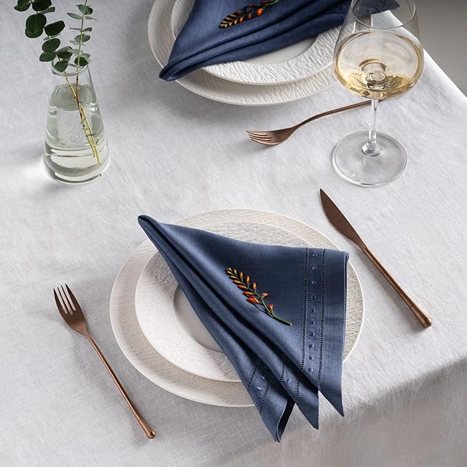 Linen Napkins Set of 4-100% Pure Linen Navy Blue Dinner Napkins with Embroidered Dot 18 x 18 inch - Hemstitch Cloth Napkins Washable for Winter and Spring Decor