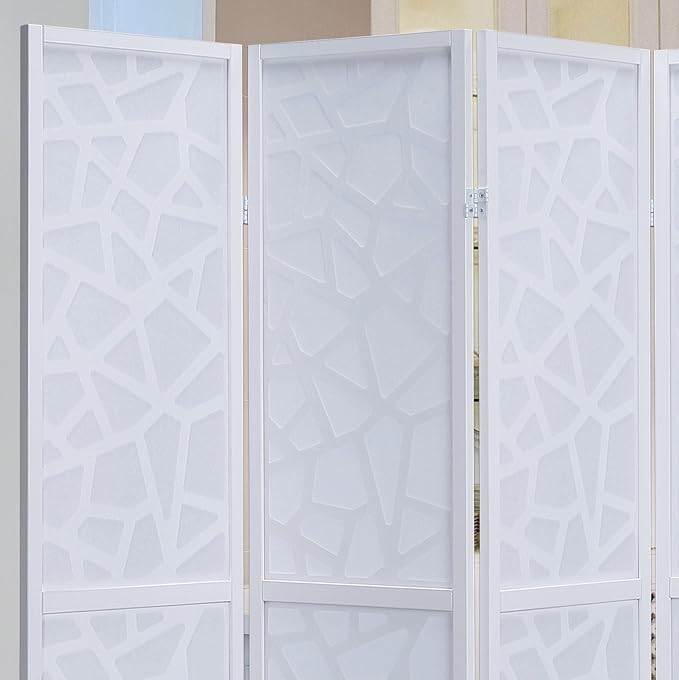Roundhill Furniture Giyano 4 Panel Screen Room Divider, White Screen with White Frame