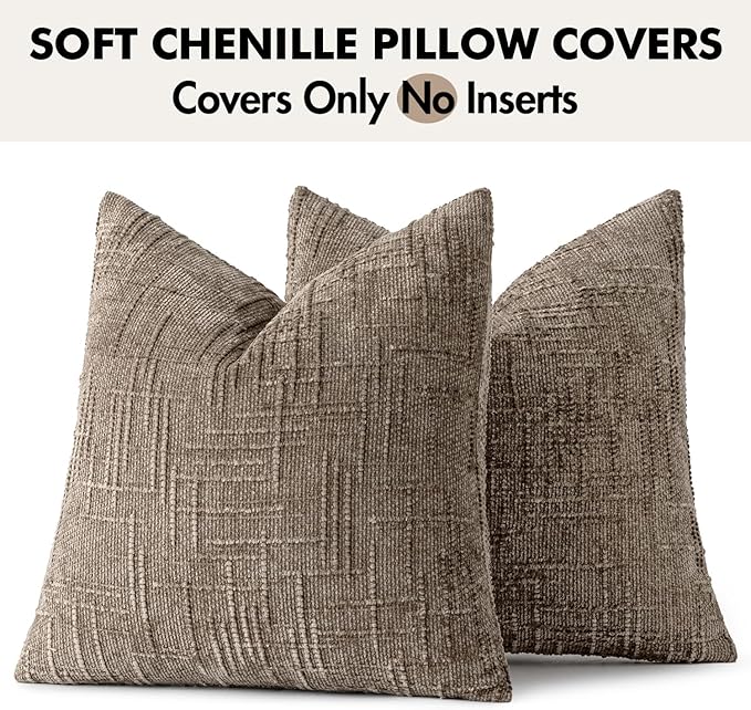 MIULEE Textured Throw Pillow Covers Thick Chenille Decorative Pillows Taupe Grey 22x22 Inch Set of 2 Modern Boho Farmhouse Home Decor Neutral Cushion Covers for Couch Sofa Living Room Bedroom