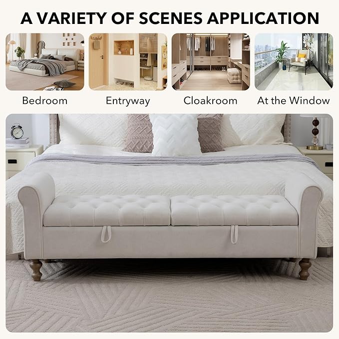 65" Oversize Storage Ottoman Bench, Fleece Upholstered End of Bed Benches with Rolled Armrest, Modern King Size Benches with Rolled Armrest, Window Bench (Beige+Dual-Cover)