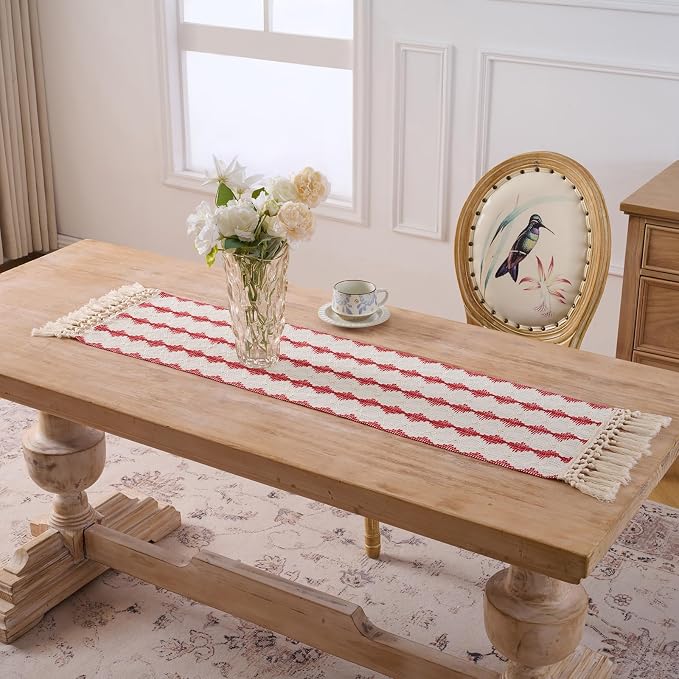 Fancy Homi Red Boho Cotton Polyester Table Runner 48 Inches Long, Farmhouse Macrame Table Runners with Tassels for Home Party Bohemian Rustic Bridal Shower Kitchen Dining Decor 12x48 Inches