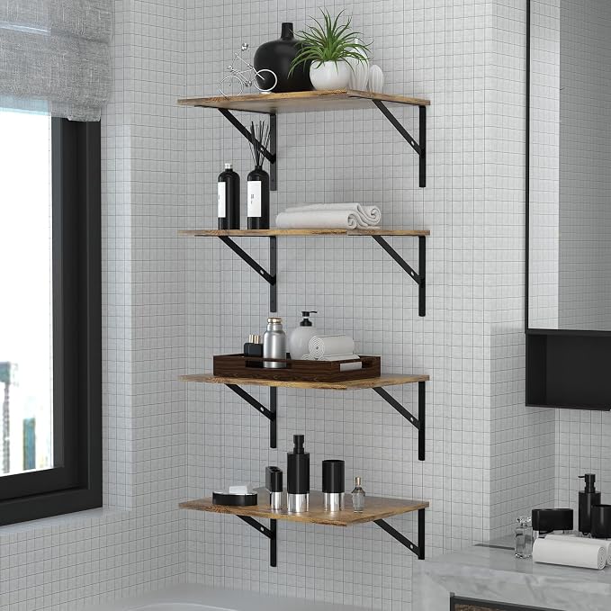 Deep Floating Wall Shelves - 4 Sets of 12 Inch Wide Rustic Brown Wood Shelves for Bathroom, Bedroom, Kitchen, Living Room