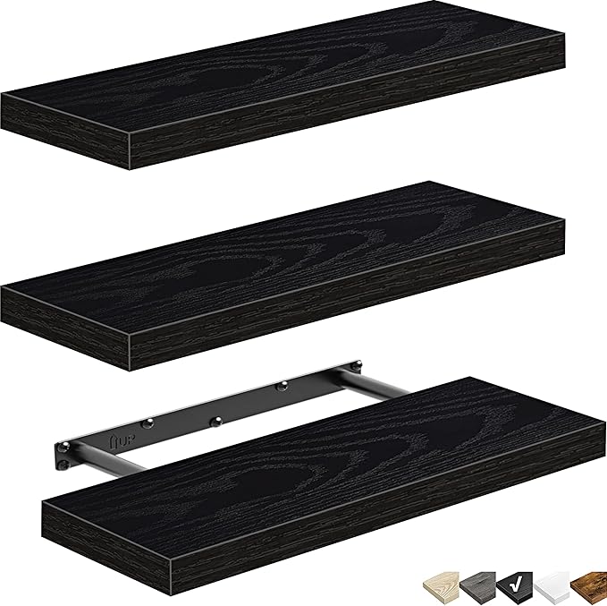 QEEIG Floating Shelves for Wall Bathroom Shelf Bedroom Kitchen Living Room Hanging Book Shelves Small Farmhouse Decor 16 inch Set of 3, Black (015-B3)