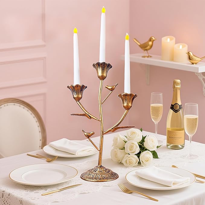 Candle Holder Vintage Candlestick Holder Stand for Stick Taper Candle, 3-Arm Cast Iron Candelabra for Wedding Centerpiece Table Decorations Fireplace Mantel Decor, Antique Gold