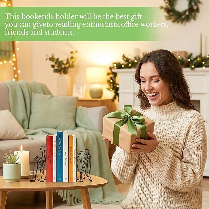 Sanwarm Metal Bookends Abstract Modern Book Ends Decorative Bookend for Home Office Library Desk Book Shelves Decor, Gift for Reading Enthusiasts Non-Skid Book Stoppers Holder (Black 1 Pair)